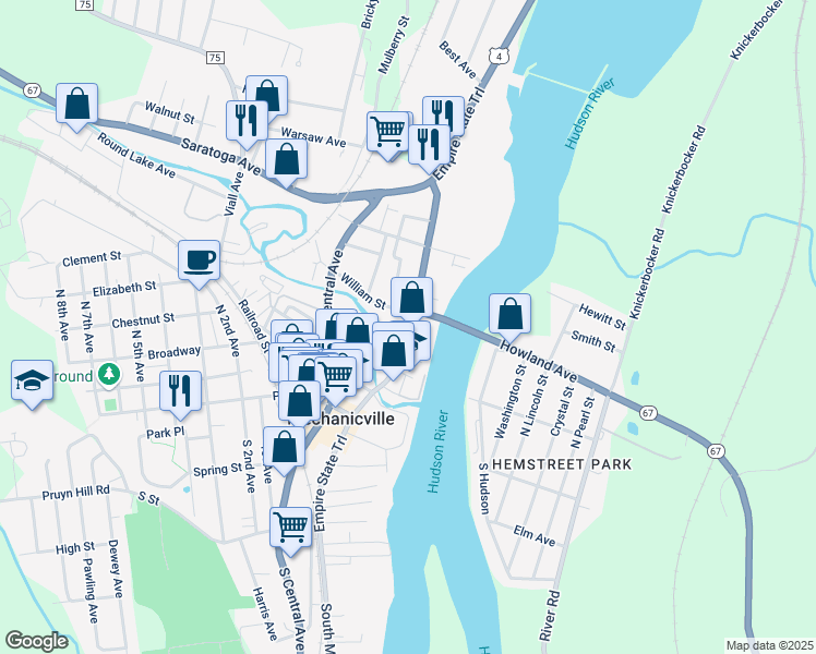 map of restaurants, bars, coffee shops, grocery stores, and more near 105-115 North Main Street in Mechanicville