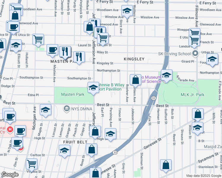 map of restaurants, bars, coffee shops, grocery stores, and more near 420 Dodge Street in Buffalo