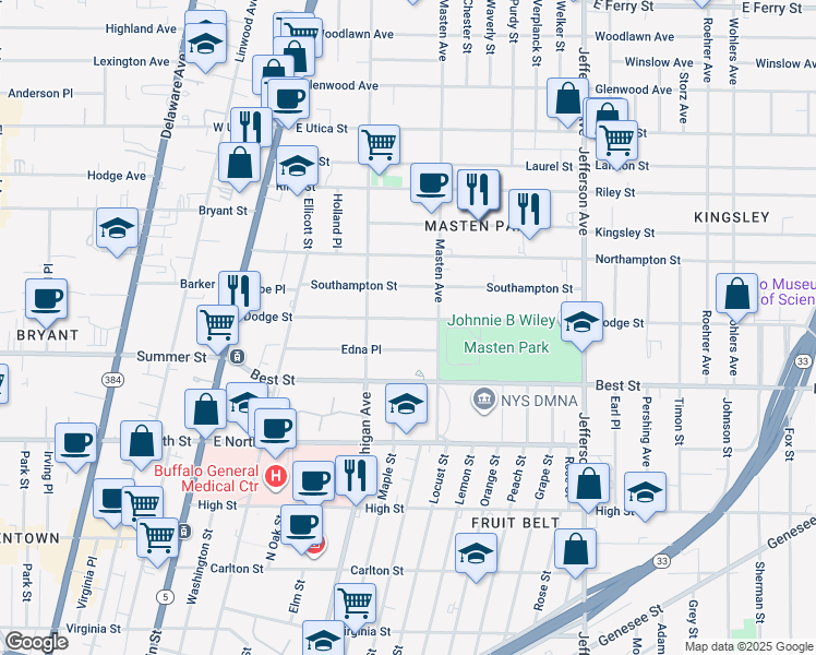 map of restaurants, bars, coffee shops, grocery stores, and more near 176 Dodge Street in Buffalo