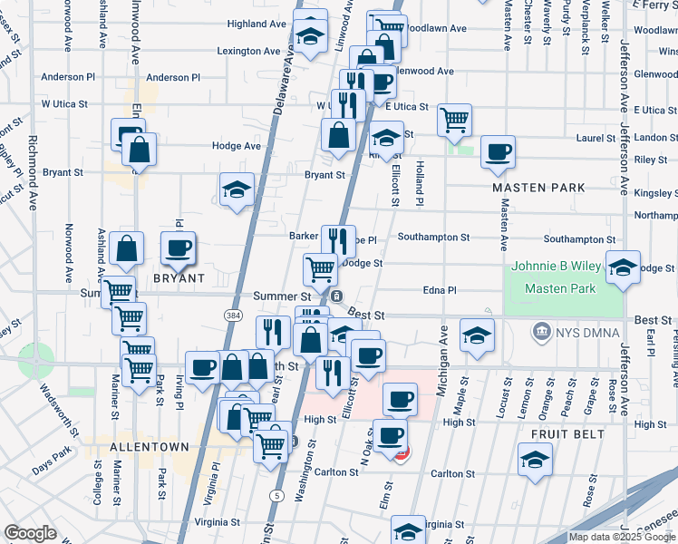 map of restaurants, bars, coffee shops, grocery stores, and more near 1195 Main Street in Buffalo