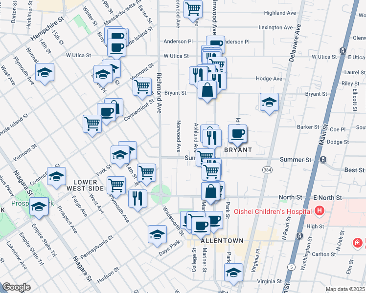 map of restaurants, bars, coffee shops, grocery stores, and more near 46 Norwood Avenue in Buffalo