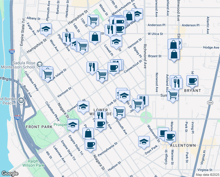 map of restaurants, bars, coffee shops, grocery stores, and more near 186 14th Street in Buffalo