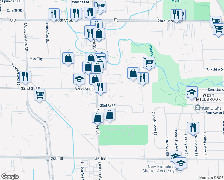 map of restaurants, bars, coffee shops, grocery stores, and more near 900 Ken O Sha Ind Park Drive Southeast in Grand Rapids