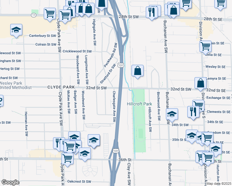 map of restaurants, bars, coffee shops, grocery stores, and more near 453 32nd Street Southwest in Grand Rapids