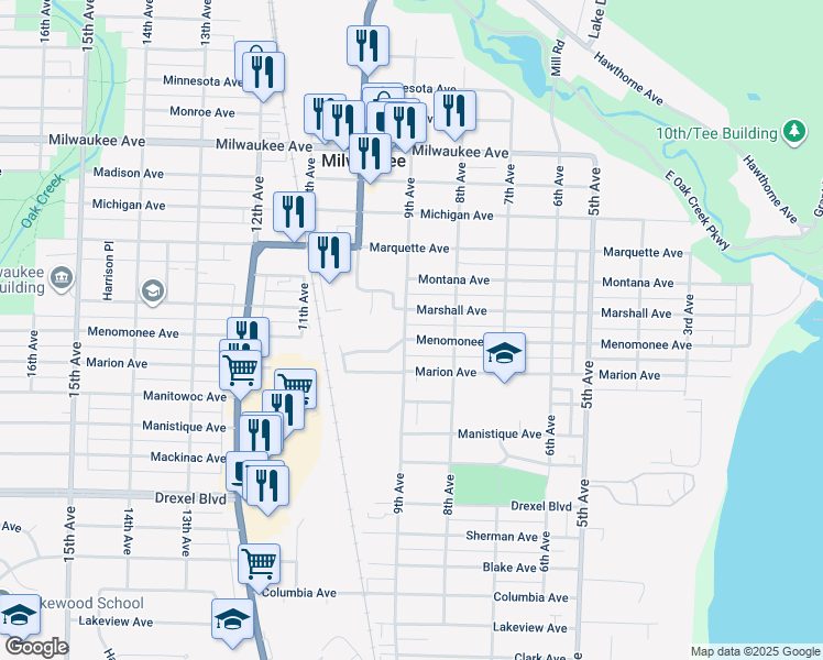 map of restaurants, bars, coffee shops, grocery stores, and more near 2500 9th Avenue in South Milwaukee