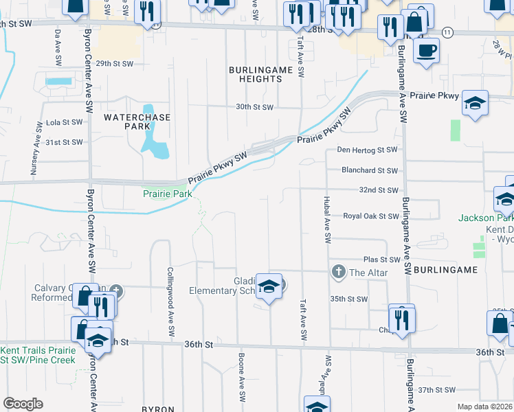 map of restaurants, bars, coffee shops, grocery stores, and more near 3217 Gladiola Avenue Southwest in Wyoming