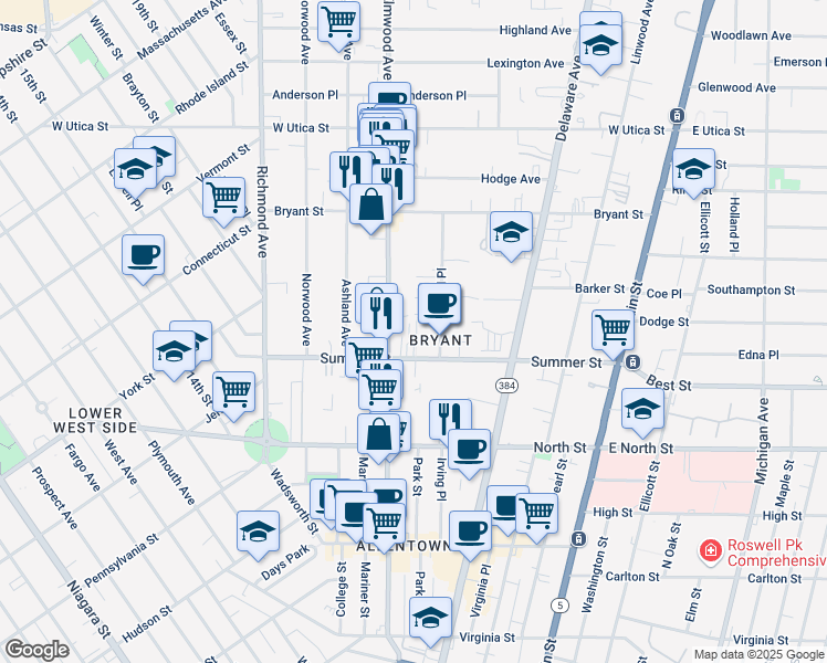 map of restaurants, bars, coffee shops, grocery stores, and more near 211 Summer Street in Buffalo