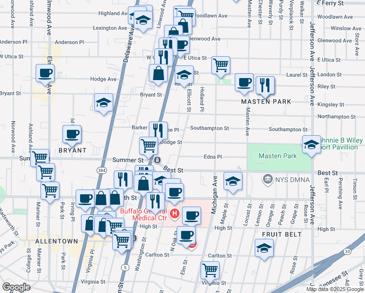 map of restaurants, bars, coffee shops, grocery stores, and more near 1030 Ellicott Street in Buffalo