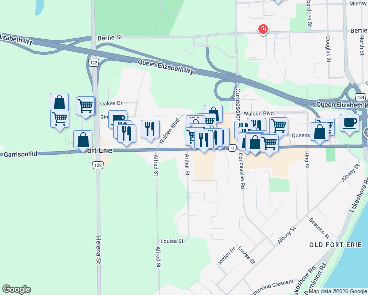 map of restaurants, bars, coffee shops, grocery stores, and more near 484 Garrison Road in Fort Erie