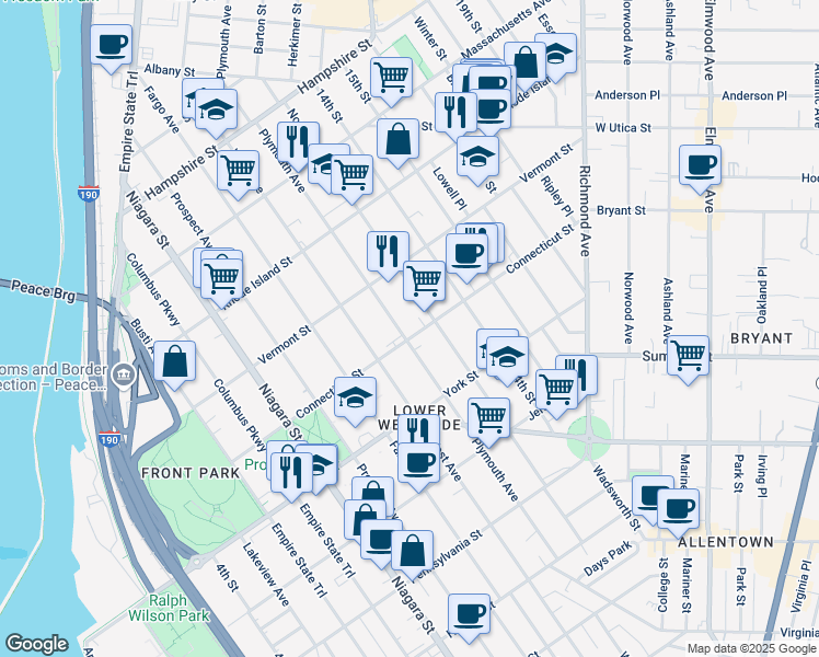 map of restaurants, bars, coffee shops, grocery stores, and more near 303 Plymouth Avenue in Buffalo