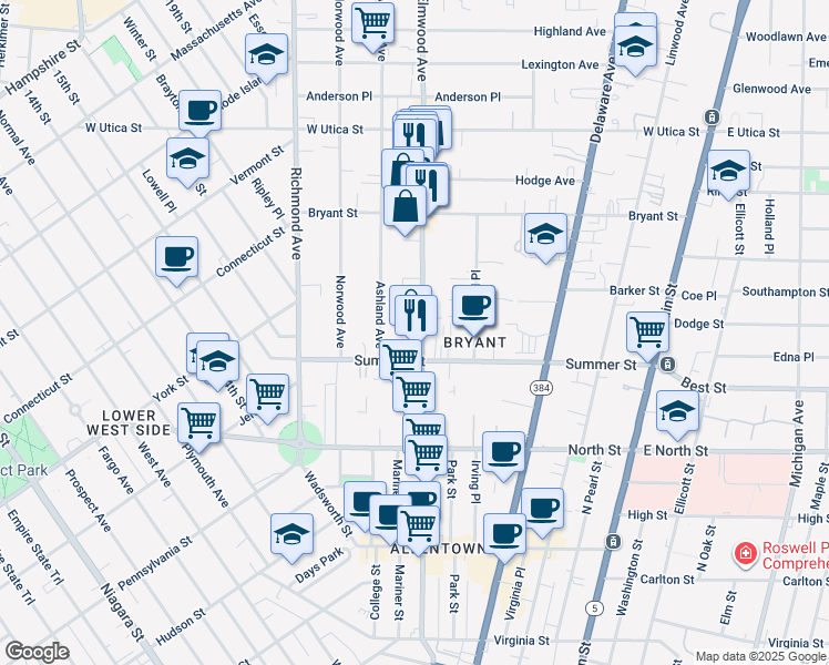 map of restaurants, bars, coffee shops, grocery stores, and more near 314 Elmwood Avenue in Buffalo