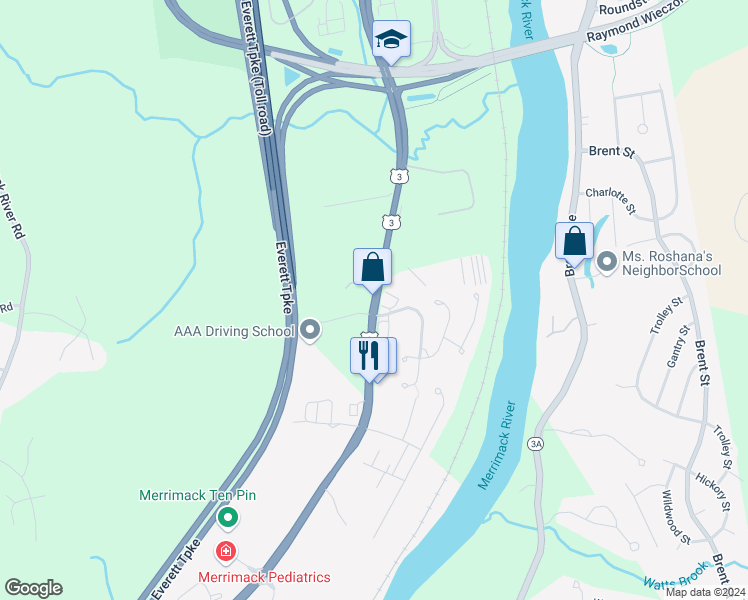 map of restaurants, bars, coffee shops, grocery stores, and more near 3 Maple Ridge Drive in Merrimack