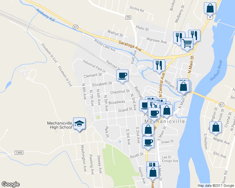 map of restaurants, bars, coffee shops, grocery stores, and more near 510 Chestnut Street in Mechanicville