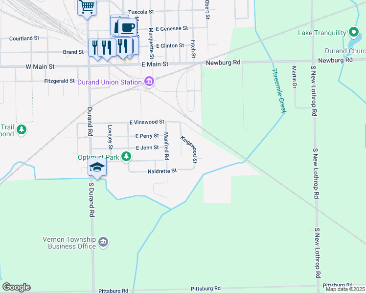 map of restaurants, bars, coffee shops, grocery stores, and more near 605 Kingswood Street in Durand