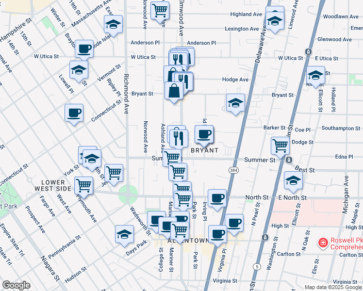 map of restaurants, bars, coffee shops, grocery stores, and more near 314 Elmwood Avenue in Buffalo