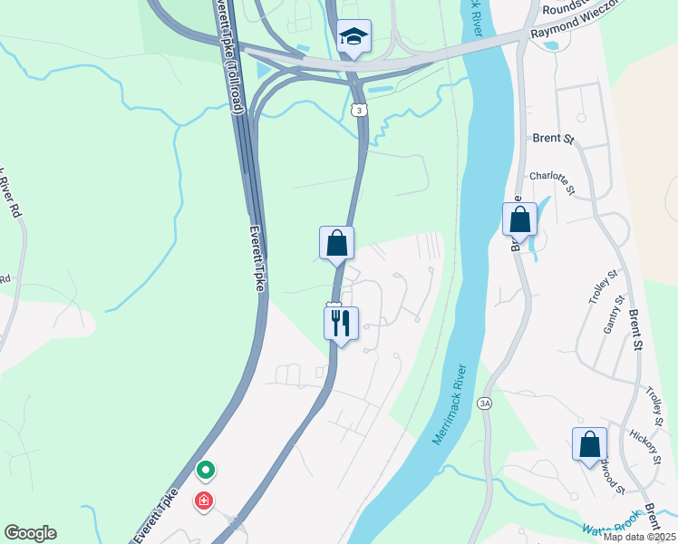 map of restaurants, bars, coffee shops, grocery stores, and more near 732 Daniel Webster Highway in Merrimack