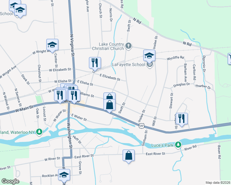 map of restaurants, bars, coffee shops, grocery stores, and more near 129 East Elisha Street in Waterloo