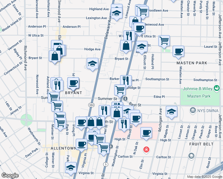 map of restaurants, bars, coffee shops, grocery stores, and more near 134 Linwood Avenue in Buffalo
