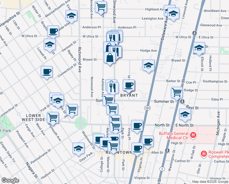 map of restaurants, bars, coffee shops, grocery stores, and more near 326 Elmwood Avenue in Buffalo