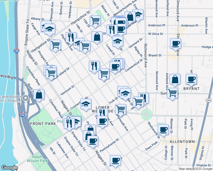 map of restaurants, bars, coffee shops, grocery stores, and more near 356 Connecticut Street in Buffalo