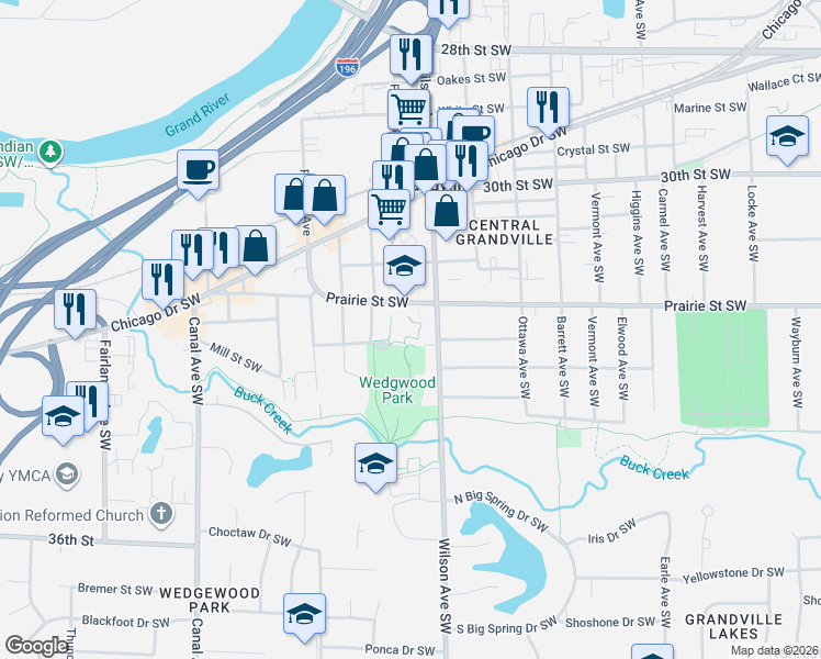 map of restaurants, bars, coffee shops, grocery stores, and more near 4052 Prairie Street Southwest in Grandville