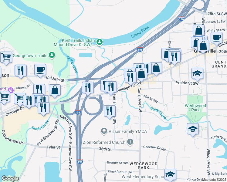 map of restaurants, bars, coffee shops, grocery stores, and more near Fairlane Avenue Southwest in Grandville