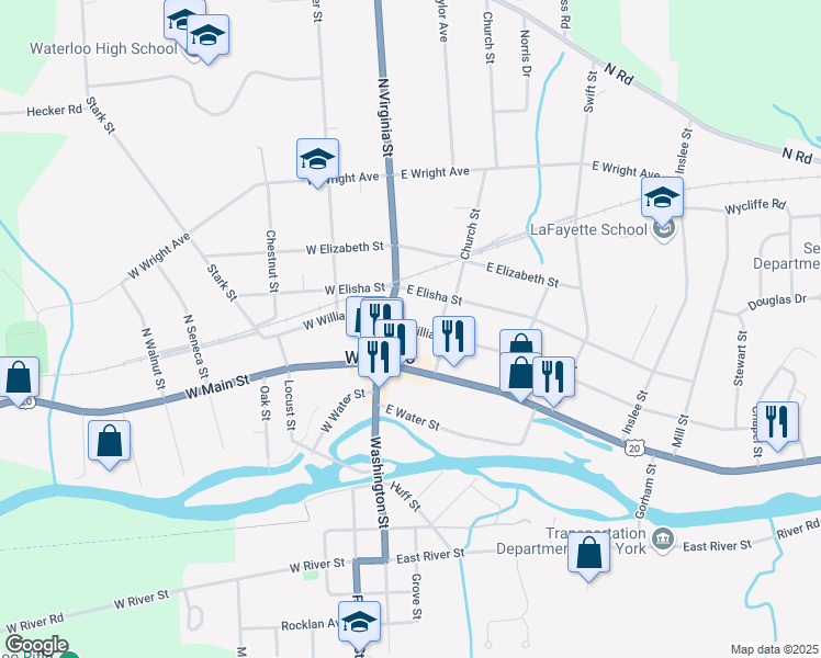 map of restaurants, bars, coffee shops, grocery stores, and more near 21 East Williams Street in Waterloo
