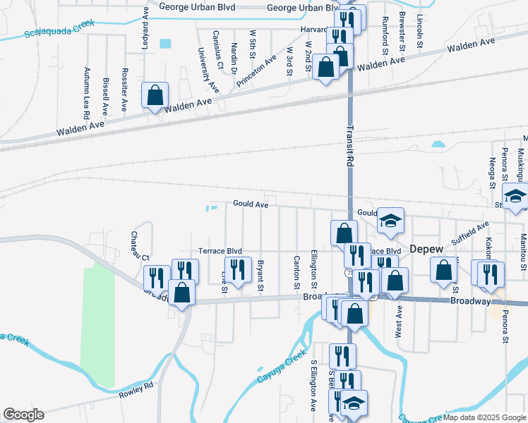 map of restaurants, bars, coffee shops, grocery stores, and more near 365 Bryant Street in Depew