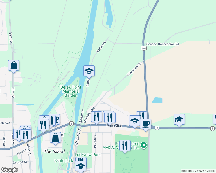 map of restaurants, bars, coffee shops, grocery stores, and more near 172 Chippawa Road in Port Colborne