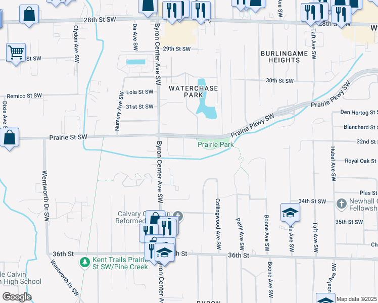 map of restaurants, bars, coffee shops, grocery stores, and more near 2332 Prairie Parkway Southwest in Wyoming