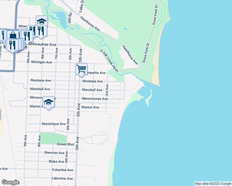 map of restaurants, bars, coffee shops, grocery stores, and more near 2430 Lake Shore Boulevard in South Milwaukee
