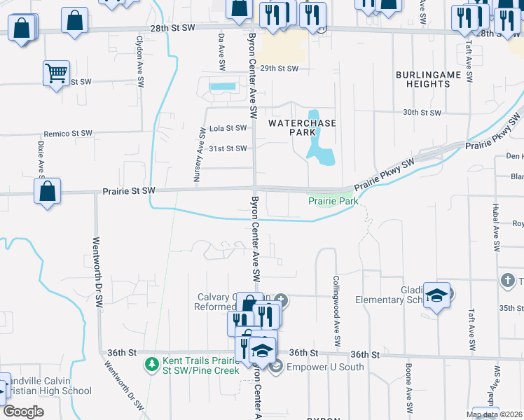 map of restaurants, bars, coffee shops, grocery stores, and more near 2340 Prairie Parkway Southwest in Wyoming