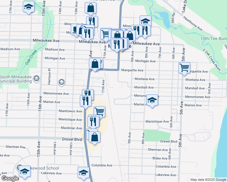 map of restaurants, bars, coffee shops, grocery stores, and more near 2500 10th Avenue in South Milwaukee