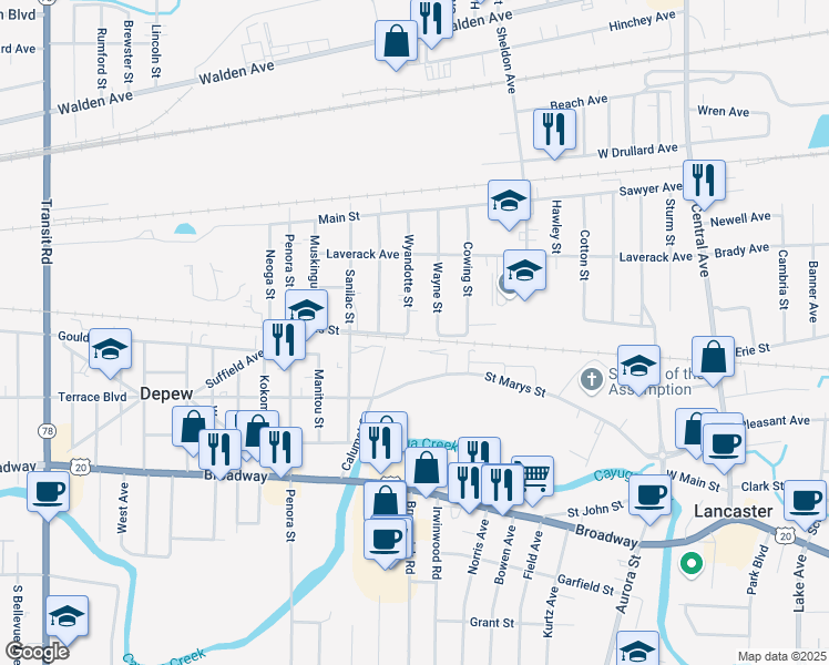 map of restaurants, bars, coffee shops, grocery stores, and more near 5 Wyandotte Street in Depew