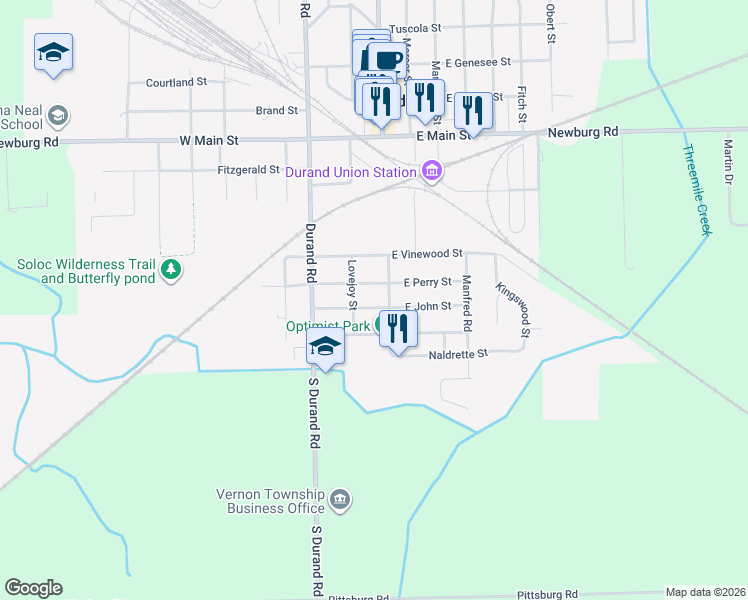 map of restaurants, bars, coffee shops, grocery stores, and more near 105 West Perry Street in Durand
