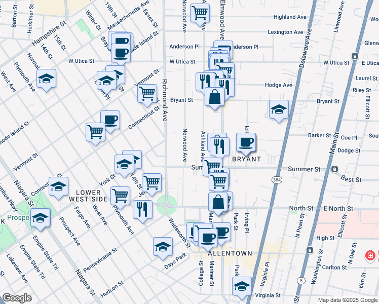 map of restaurants, bars, coffee shops, grocery stores, and more near 46 Norwood Avenue in Buffalo