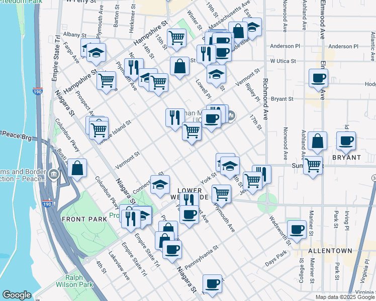 map of restaurants, bars, coffee shops, grocery stores, and more near 356 Connecticut Street in Buffalo