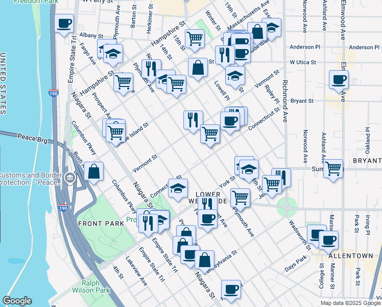 map of restaurants, bars, coffee shops, grocery stores, and more near 303 Plymouth Avenue in Buffalo