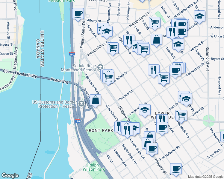 map of restaurants, bars, coffee shops, grocery stores, and more near 728 Prospect Avenue in Buffalo