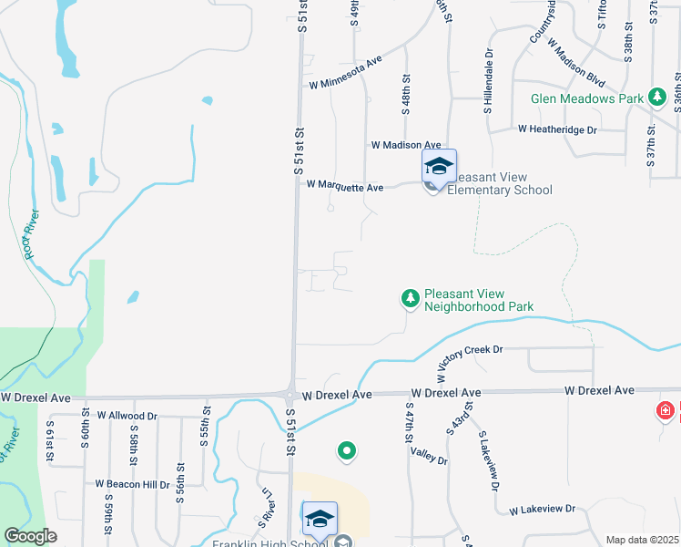 map of restaurants, bars, coffee shops, grocery stores, and more near 7704 South 51st Street in Franklin