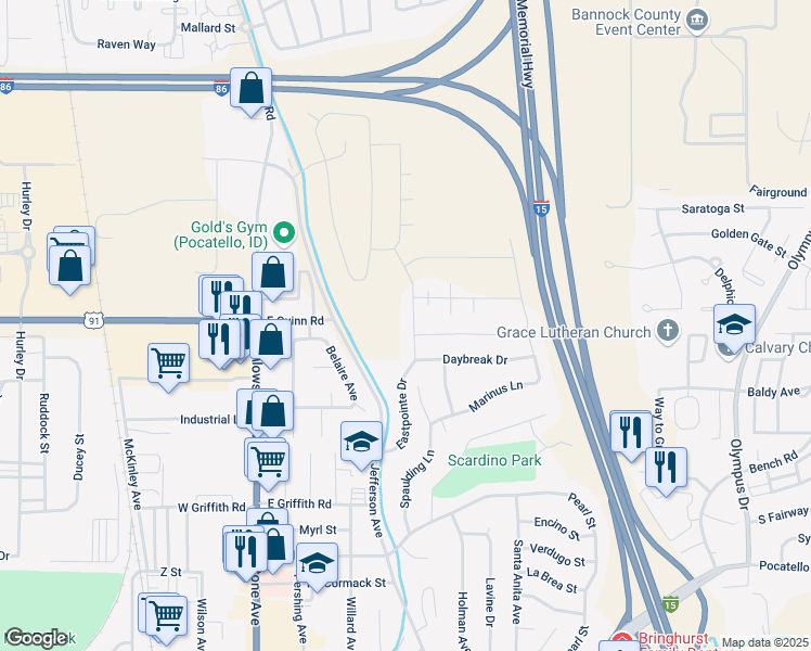 map of restaurants, bars, coffee shops, grocery stores, and more near 1623 Eastpointe Drive in Pocatello