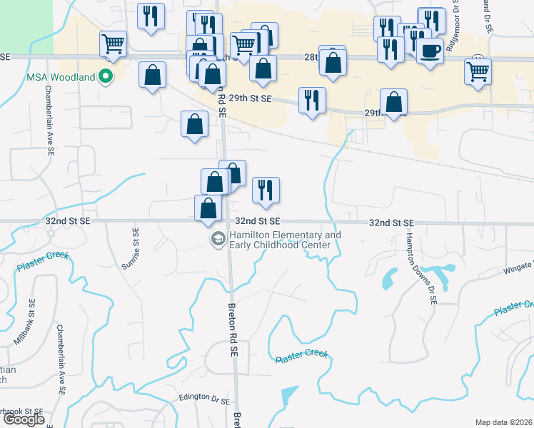map of restaurants, bars, coffee shops, grocery stores, and more near 2481 32nd Street Southeast in Kentwood