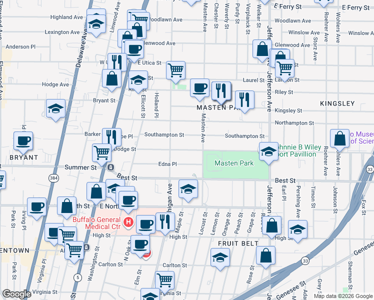 map of restaurants, bars, coffee shops, grocery stores, and more near 172 Dodge Street in Buffalo