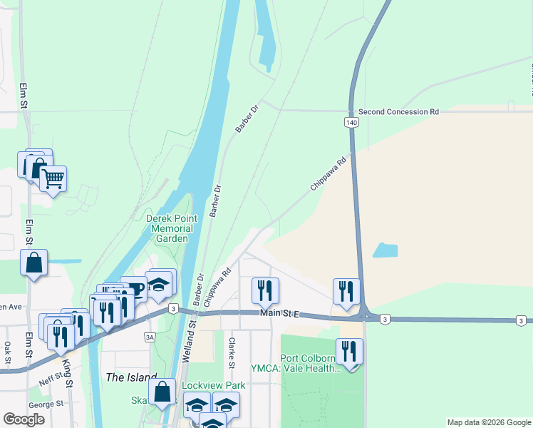 map of restaurants, bars, coffee shops, grocery stores, and more near 172 Chippawa Road in Port Colborne