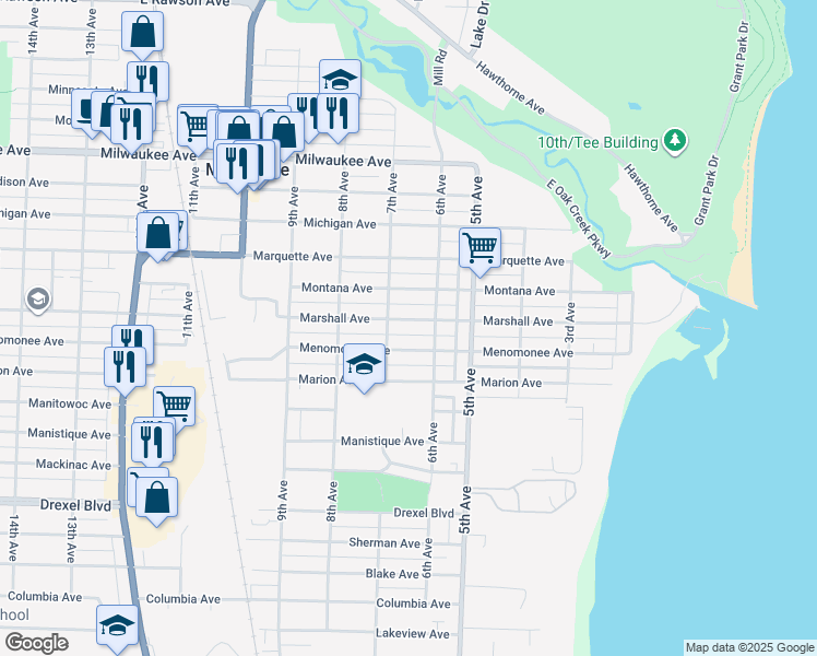 map of restaurants, bars, coffee shops, grocery stores, and more near 629 Marshall Avenue in South Milwaukee