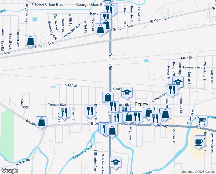 map of restaurants, bars, coffee shops, grocery stores, and more near 276 Gould Avenue in Depew