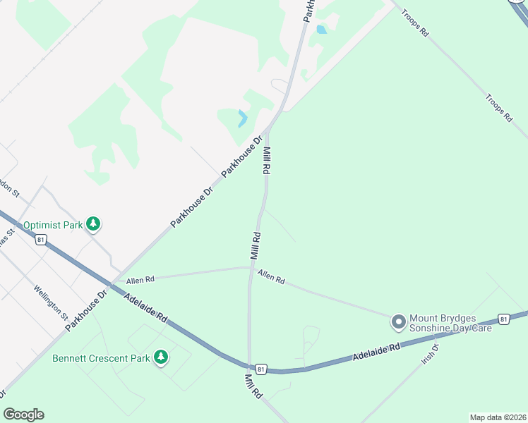map of restaurants, bars, coffee shops, grocery stores, and more near 22380 Mill Road in Mount Brydges