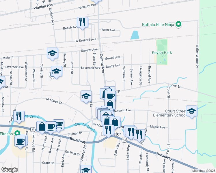 map of restaurants, bars, coffee shops, grocery stores, and more near 133 Central Avenue in Lancaster