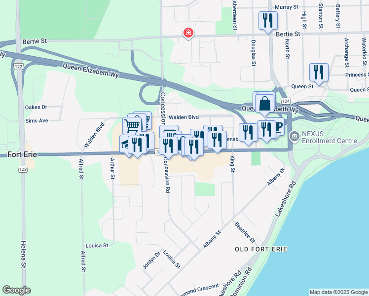 map of restaurants, bars, coffee shops, grocery stores, and more near in Fort Erie