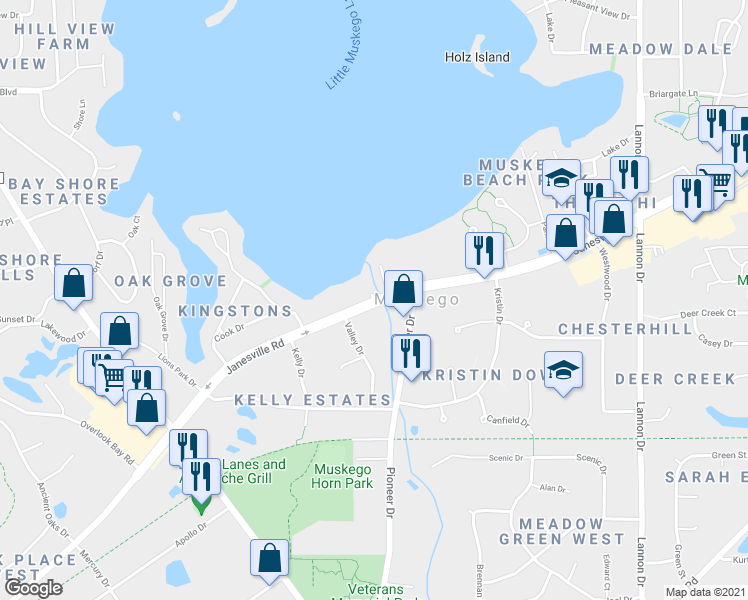 map of restaurants, bars, coffee shops, grocery stores, and more near Janesville Court in Muskego